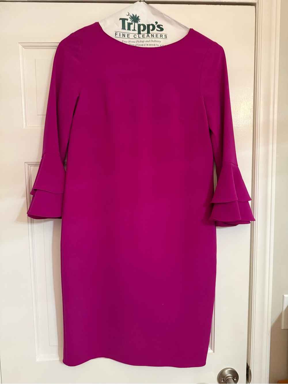Fuchsia Long-Sleeve Shift Dress with Tiered Bell Sleeves- Teri Jon